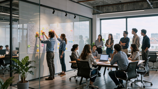 Team collaborating on a project in a modern office