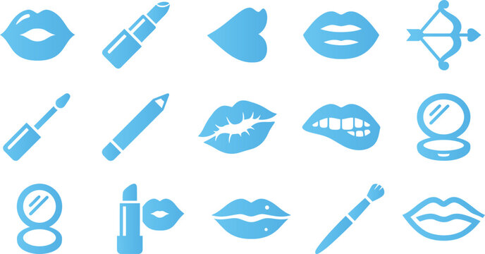 Lips and makeup icons set graphic flat blue vector illustration isolated on white background.