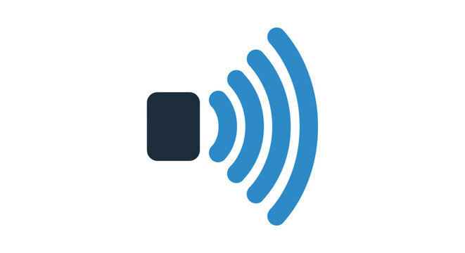 A simple graphic illustration of a dark grey square device emitting blue wireless signals, representing connectivity or data transmission.