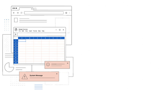Spreadsheet software interface with budget overview and system alerts vector