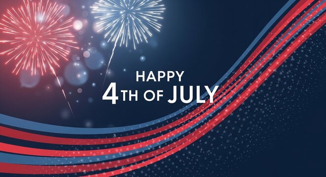 Happy 4th of July greeting with red and blue fireworks exploding in a dark night sky with patriotic wavy stripes and stars overlay graphic design