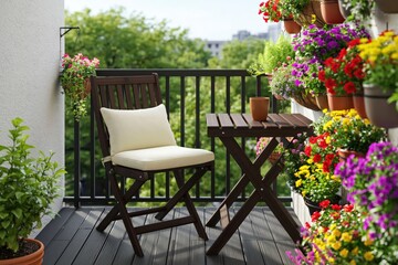 Obraz premium Relaxing balcony terrace featuring wooden chair with cushion and small folding table surrounded by colorful blooming potted plants and flowers. High quality photo