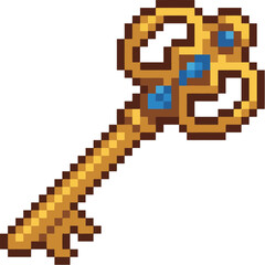 Fototapeta premium Golden Pixel Art Key with Blue Gems.
