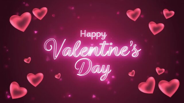Happy Valentine's Day neon sign, glowing pink hearts on dark background, romantic holiday greeting animation with sparkling light particles