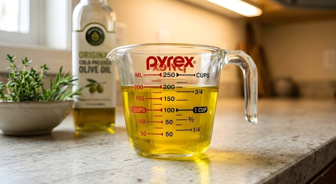 Measuring cup filled with olive oil