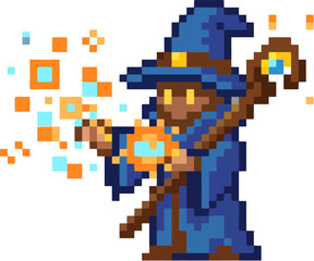 Obraz premium Pixel art wizard casting magic spell.