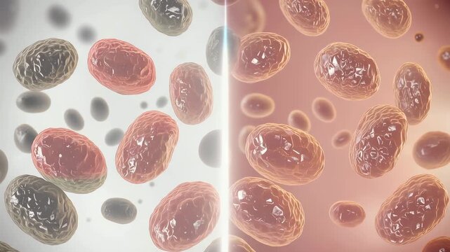 Cells macro, one side dull and damaged, other side smooth and healthy