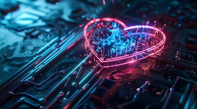 Pulsating Neon Cyberpunk Heart on Digital Circuitry (AI Generated)