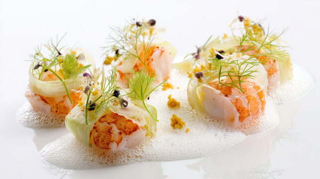 langoustine medallions with citrus foam on a elegant plate
