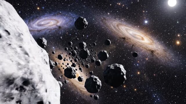 Celestial Symphony: An epic view of celestial objects with the asteroid in the foreground against a galaxy background, captures the vastness of the cosmos and the allure of outer space.