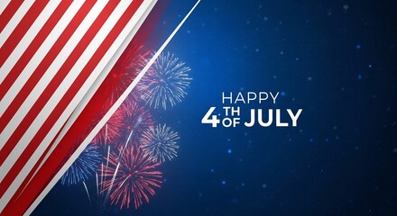 Obraz premium Happy 4th of July greeting with American flag stripes and colorful fireworks exploding in a dark blue starry night sky, patriotic celebration graphic design