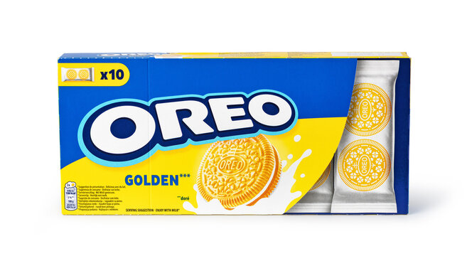 Golden oreo cookies snack pack box on white background