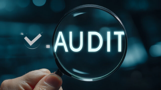 up of a hand holding a glass lens over a glowing audit checklist display. The magnification shows detailed lines of code and the word AUDIT. Floating 3D icons for financial governance and internal 