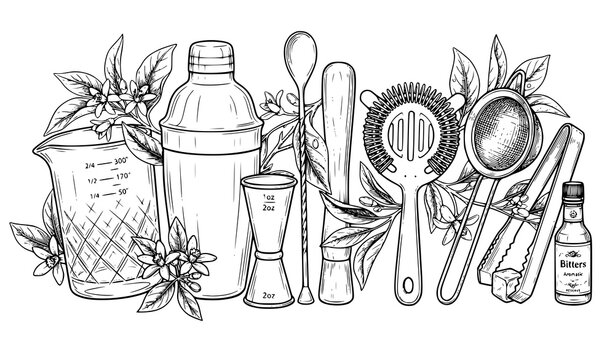 Cocktail bar tools hand drawn vector bartending equipment set