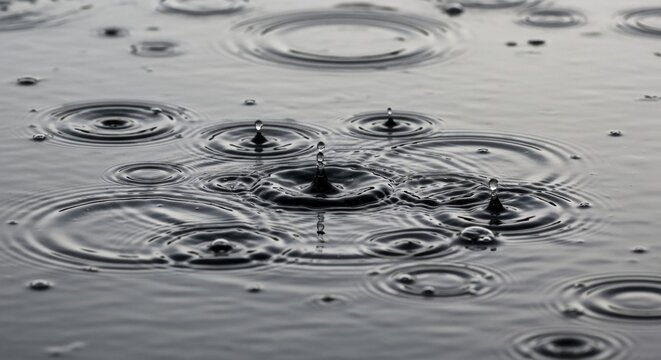 Raindrops creating concentric ripples on a grey water surface during a storm