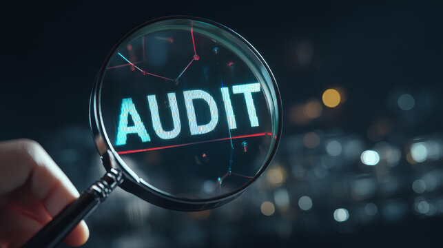 intricate digital interface with the word AUDIT magnified by a professional hand. The scene captures thin glowing lines connecting compliance icons and internal control nodes. The dark background 
