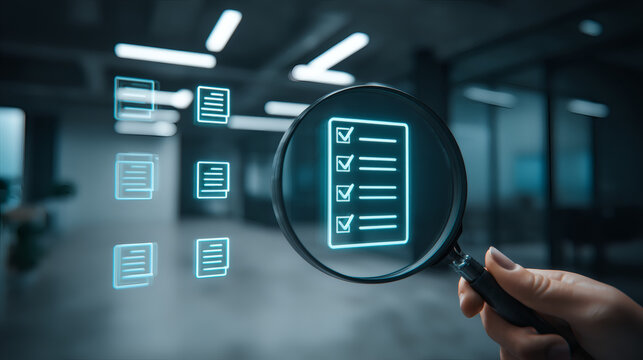 compliance inspection concept magnifying glass focusing on holographic audit checklist glowing blue icons internal control financial governance dark office background shallow depth of field 