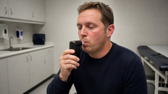 Alcohol Intoxication Breathalyzer Test, Medical Screening, Adult Patient Blowing into Breath Alcohol Analyzer, Flushed Skin, Drowsy Expression, Clean Clinic Assessment Setting