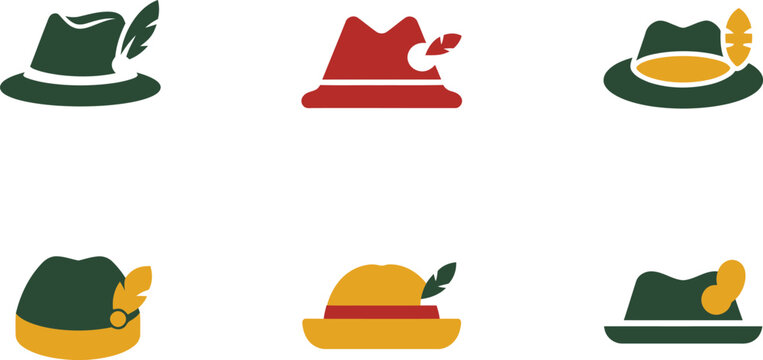 Collection of six colorful hats with feathers on white background for design elements