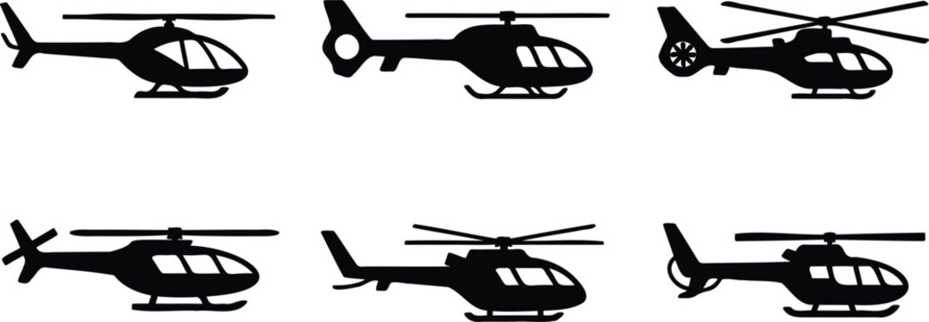 Collection of six different helicopter silhouettes in various flying positions and angles on white background