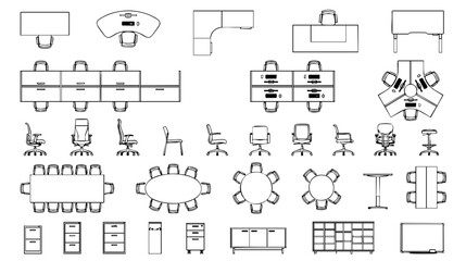 Fototapeta premium Architectural CAD Block Collection of Office Furniture, Top View Workstation Layout, Desk Chair Meeting Table Vector Blueprint, Minimalist Technical Line Drawing, Clean Black and White Design