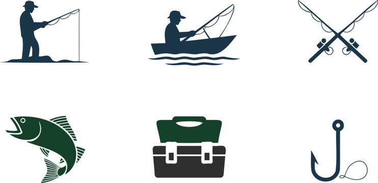 Fishing icons including people fishing from shore and boat tackle box fish hook and crossed rods
