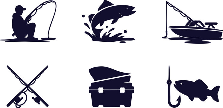 Fishing icons set with silhouettes of man fishing boat fish tackle box and fish hook on white background