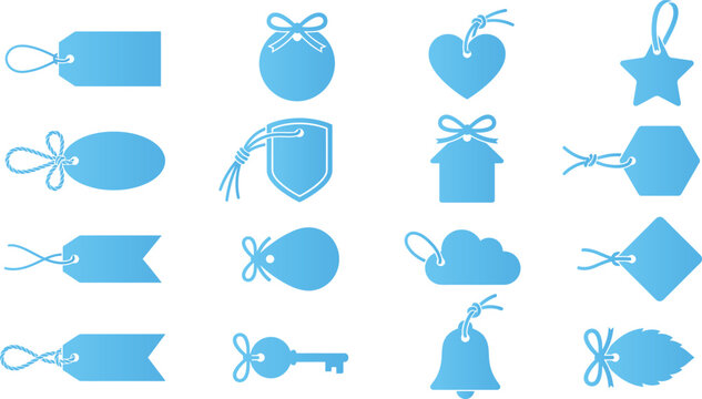 Collection of blue gift tags and labels in various shapes with ribbons and string for price or product information.