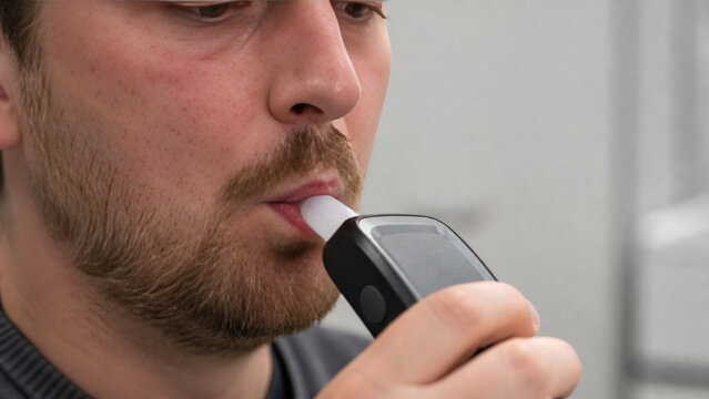 Alcohol Intoxication Breathalyzer Test, Medical Screening, Adult Patient Blowing into Breath Alcohol Analyzer, Flushed Skin, Drowsy Expression, Clean Clinic Assessment Setting