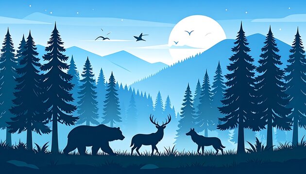 Stylized, blue-toned mountain landscape with silhouetted animals, evergreens, and a large, bright moon behind peaks