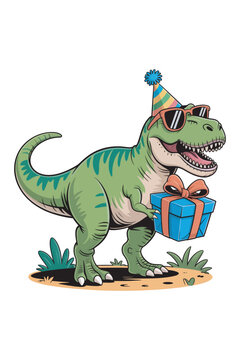 Cartoon tyrannosaurus rex with party hat and gift colorful vector illustration on a white background high-quality professional detailed modern elegant stylish clean.