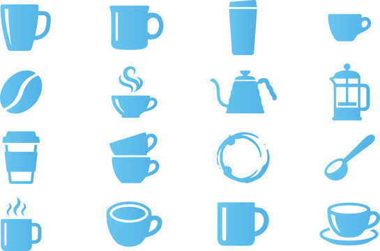 Collection of blue coffee icons representing cups mugs beans and brewing equipment on white background.