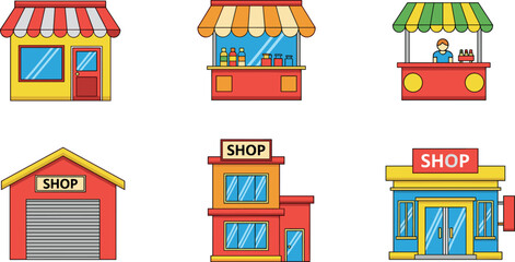 Obraz premium Shop Storefront Icons Vector Collection Featuring Market Stalls Retail Buildings and Small Business Commercial Structures Design