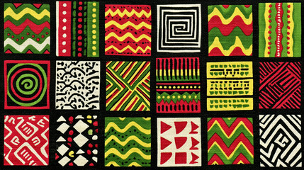 Obraz premium A vibrant collection of traditional African textile patterns and geometric designs featuring bold red, green, yellow, black and white colors in a grid arrangement for cultural background.