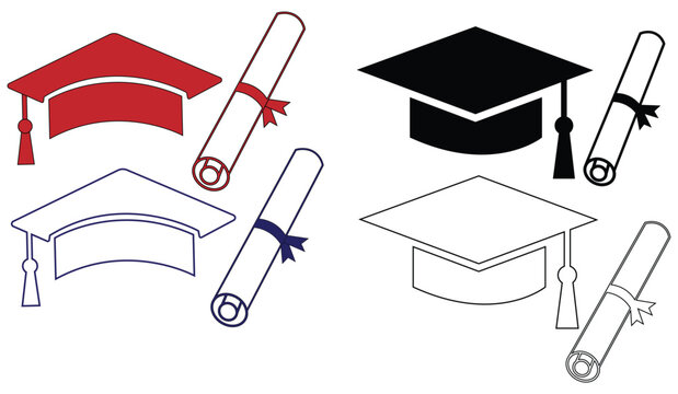 Graduation Cap and Diploma Vector Icon Bundle,
Academic Graduation Hat Clipart Collection,
 Education Diploma Outline Vector Set