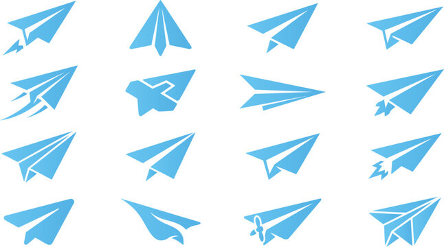 Set of blue paper airplanes flying in different directions and shapes, graphic design elements.