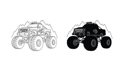 Rugged monster truck vehicle with mountains in background vector icon set for offroad adventure © Chroma