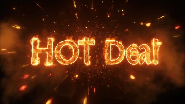 Hot Deal burning text animation with fire sparks, flaming promotional message for sales and marketing, glowing orange fire effect on black background