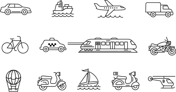 Transportation Line Icons Vector Set Featuring Car Train Bicycle Airplane Truck Motorcycle and Travel Vehicle Symbols