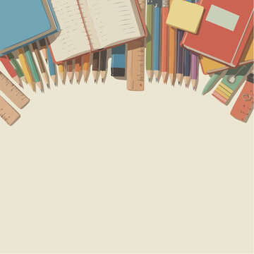 Colorful school supplies and books illustration border design