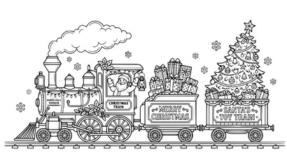 Christmas steam train silhouette Santa gifts tree vector illustration isolated on white background © MdRabbi