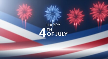 Obraz premium Happy Fourth of July text overlay with red and blue fireworks exploding in a dark night sky over abstract blurred patriotic red white and blue stripes representing the American flag.