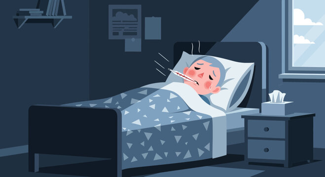 Child Feeling Unwell With Fever And Thermometer In Bed At Night
