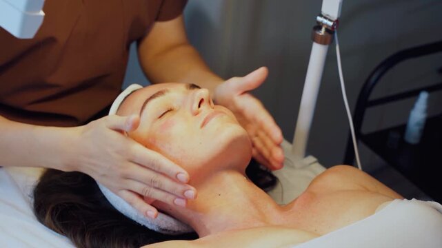 Therapist performs precise facial massage for shaping and radiance enhancement. Relaxing spa experience with expert techniques targeting jawline and cheekbone definition alongside gentle care