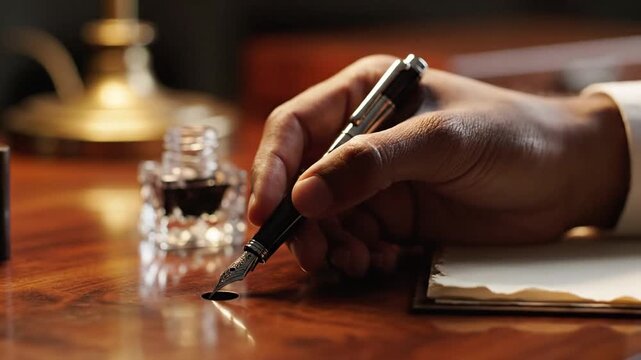 Hand Picking Up Vintage Fountain Pen And Dipping Into Inkwell On Mahogany Wooden Desk