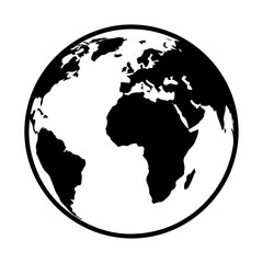 Minimalist world globe icon, black and white earth map silhouette, global planet symbol for international business and travel logistics © Nexus Graphics