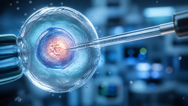 Close Up of Microscopic Cell Injection Procedure Representing Advanced Genetic Engineering and Biotechnology Research