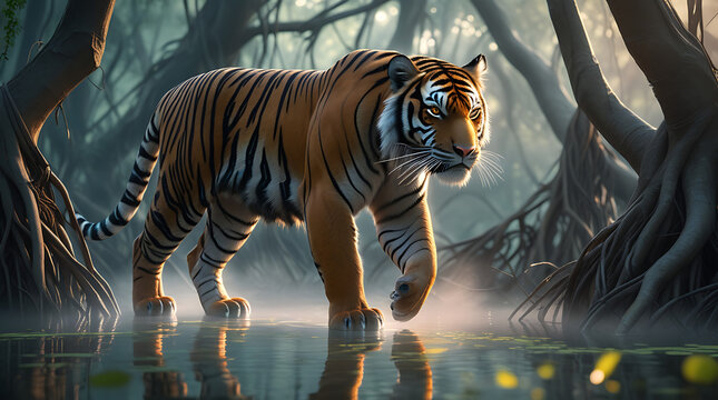 Majestic Royal Bengal Tiger walking through misty Sundarbans mangrove forest