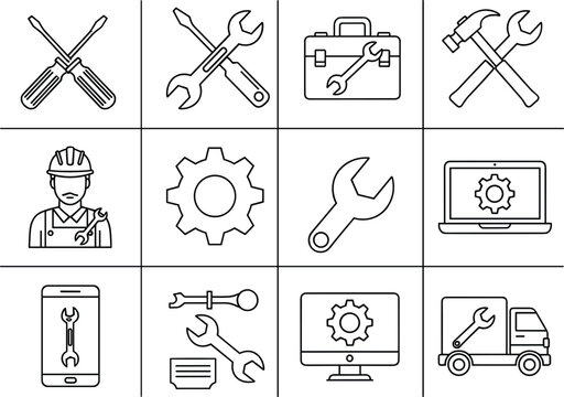 Repair Service Line Icons Vector Set Featuring Tools Technician Maintenance Equipment and Technical Support Symbols Collection