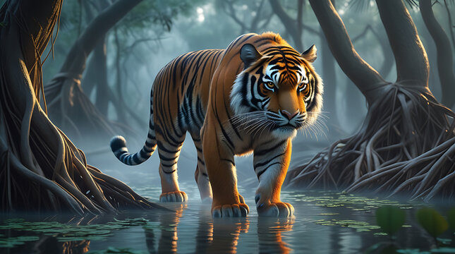 Royal Bengal Tiger walking in its natural habitat Sundarbans forest at dawn